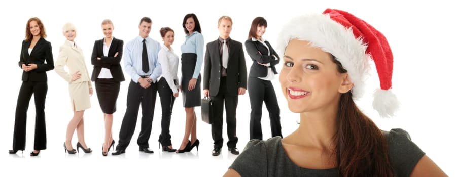 Young business woman in santa hat isolated on white