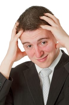 Stressed businessman isolated on white background