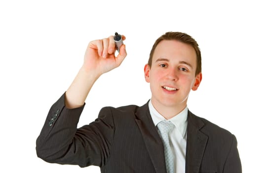 Friendly businessman with marker isolated on white background