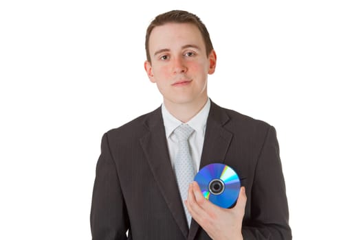 Friendly businessman with disk isolated on white background