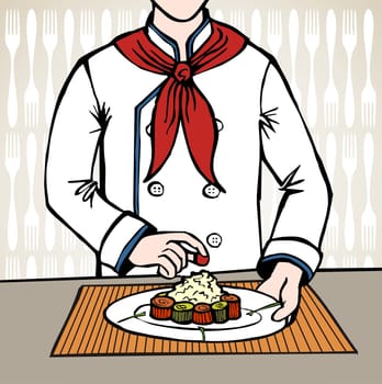 Chef seasoning an exquisit dish of sushi