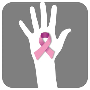 Hand with a pink ribbon over a grey rounded square. Vector available