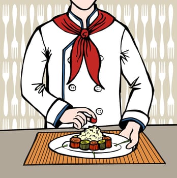 Chef seasoning an exquisit dish of sushi