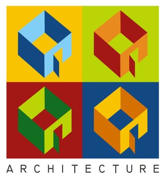 Colorful illustration of four housing models in high contrast
