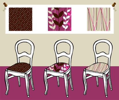 Three different upholstered chairs with respective hanging tapestry patterns in the background