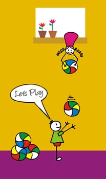 Two children playing with colorfull balls in the backyard. The girl is throwing a ball to the boy from an upper window.