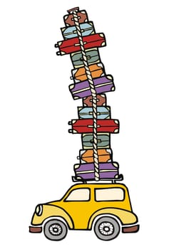 Illustration of a funny car with a lot of luggage on the roof. Vector file available.