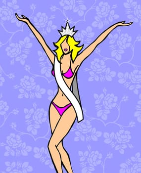 Blonde girl crowned beauty queen raises her arms victoriously
