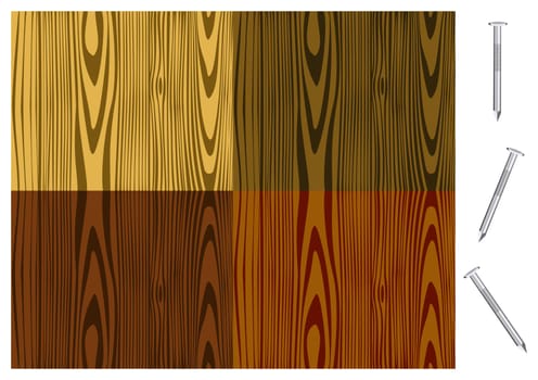 Illustration of wood patterns in different tones with isolated nails