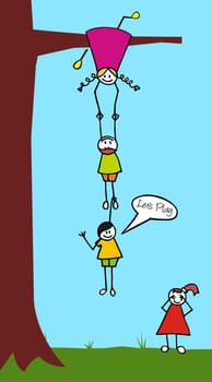 Chain of three children hanging down a tree. One invites a standing girl to play