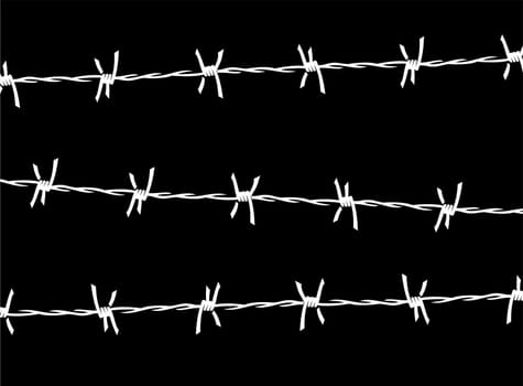 Three white lines of  barbed wire over a black background. Vector available.