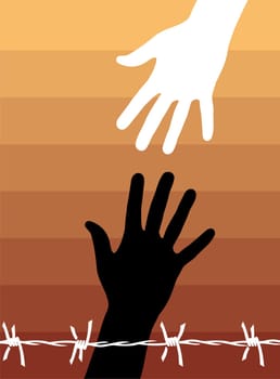 Helping hand to another behind a barbed wire. Vector available.