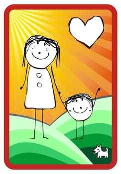 Illustration of happy mom and her child. Background with green fields. Vector available