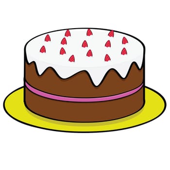 Cartoon illustration of a chocolate cake with strawberry topping and filling