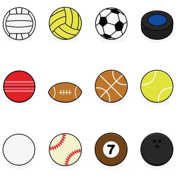 Set with cartoon balls for different sports: volleyball, water polo, soccer, hockey, cricket, football, basketball, tennis, golf, baseball, billiards and bowling