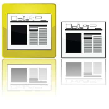 Glossy illustration showing a newspaper icon, with and without a golden button, reflected on a white surface