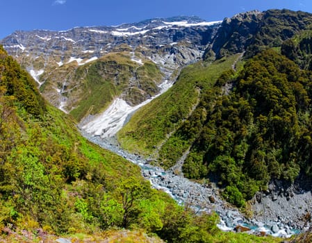 View of stream and snow melt rushing down the mountains