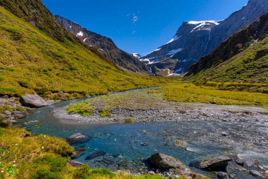 View of mountain stream and snow melt rushing down the mountains