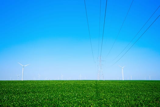 Wind turbines on a farm in blue skies