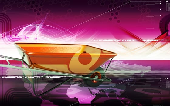 Digital illustration of metal tray wheel barrow in colour background
