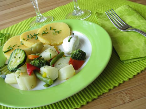 Asparagus and other vegetables with polenta