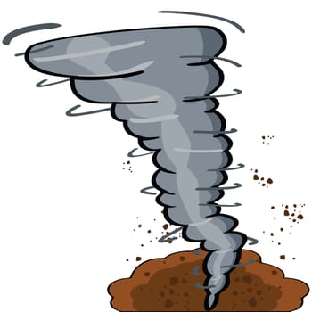 Cartoon illustration showing a tornado causing destruction