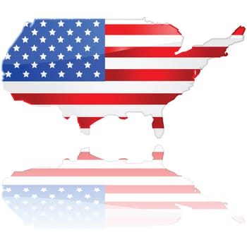 Glossy illustration showing a flag of the United States over the country&#039 s map