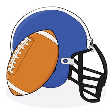 Cartoon illustration showing an American football and a helmet