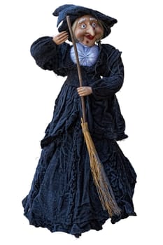 The witch with a broom, isolated from the neutral white background