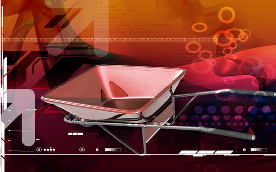 Digital illustration of metal tray wheel barrow in colour background