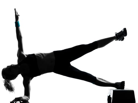 one woman exercising workout fitness aerobic exercise abdominals push ups posture on studio isolated white background