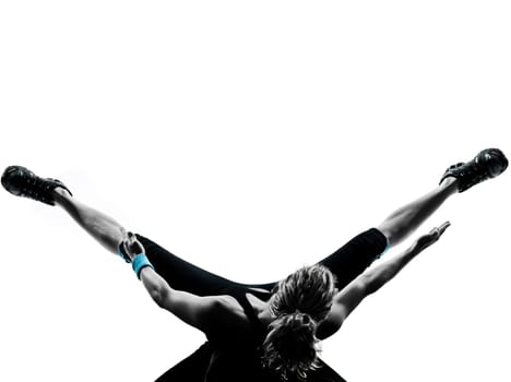 one woman exercising workout fitness aerobic exercise abdominals push ups posture on studio isolated white background