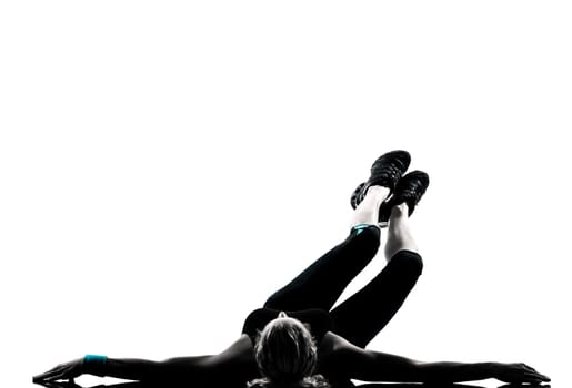 one woman exercising workout fitness aerobic exercise abdominals push ups posture on studio isolated white background