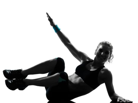 one woman exercising workout fitness aerobic exercise abdominals push ups posture on studio isolated white background