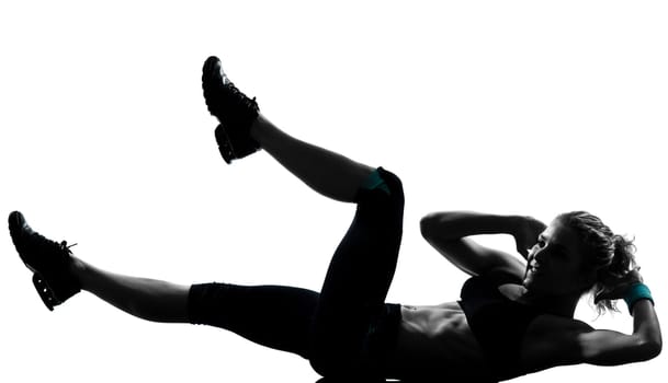 one woman exercising workout fitness aerobic exercise abdominals push ups posture on studio isolated white background