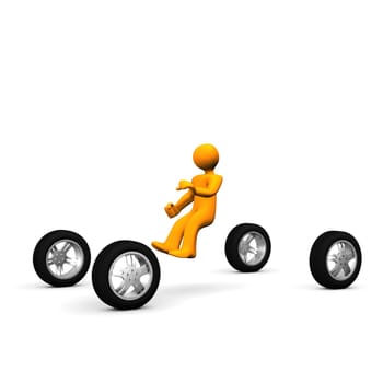 Orange cartoon driving an abstract car.