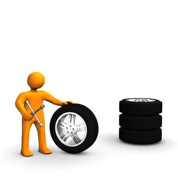 Orange cartoon changing car tires.