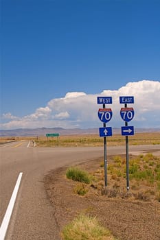 Highway directional signage on a remote stretch of interstate in Utah USA