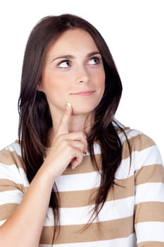Pensive brunette girl isolated on a over white background