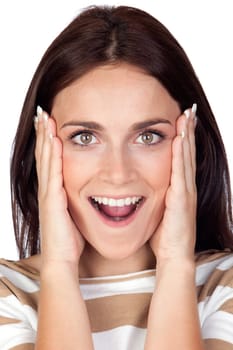 Surprise brunette girl isolated on a over white background