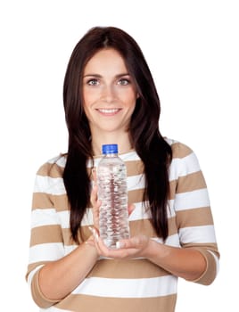 Beautiful brunette girl with water bottle isolated on a over white background