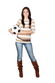 Beautiful brunette girl with soccer ball isolated on a over white background