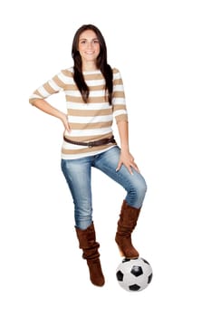 Beautiful brunette girl with soccer ball isolated on a over white background