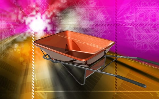Digital illustration of metal tray wheel barrow in colour background