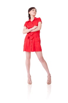 Asian beauty in red dress with confident expression, full length portrait isolated on white background.