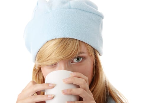 Winter girl with mug, isolated on white background.
