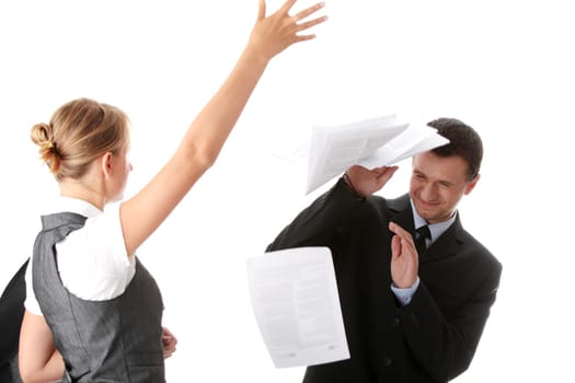 Woman throwing papers on man - office argue concept