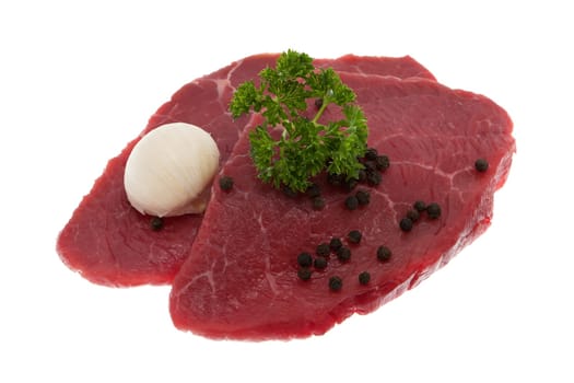 Beef,juicy raw rump steak against white background