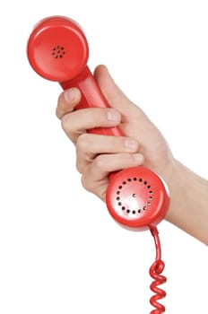 hand holding red telephone a over white background