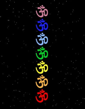 Colored aum / om in chakra column in night background